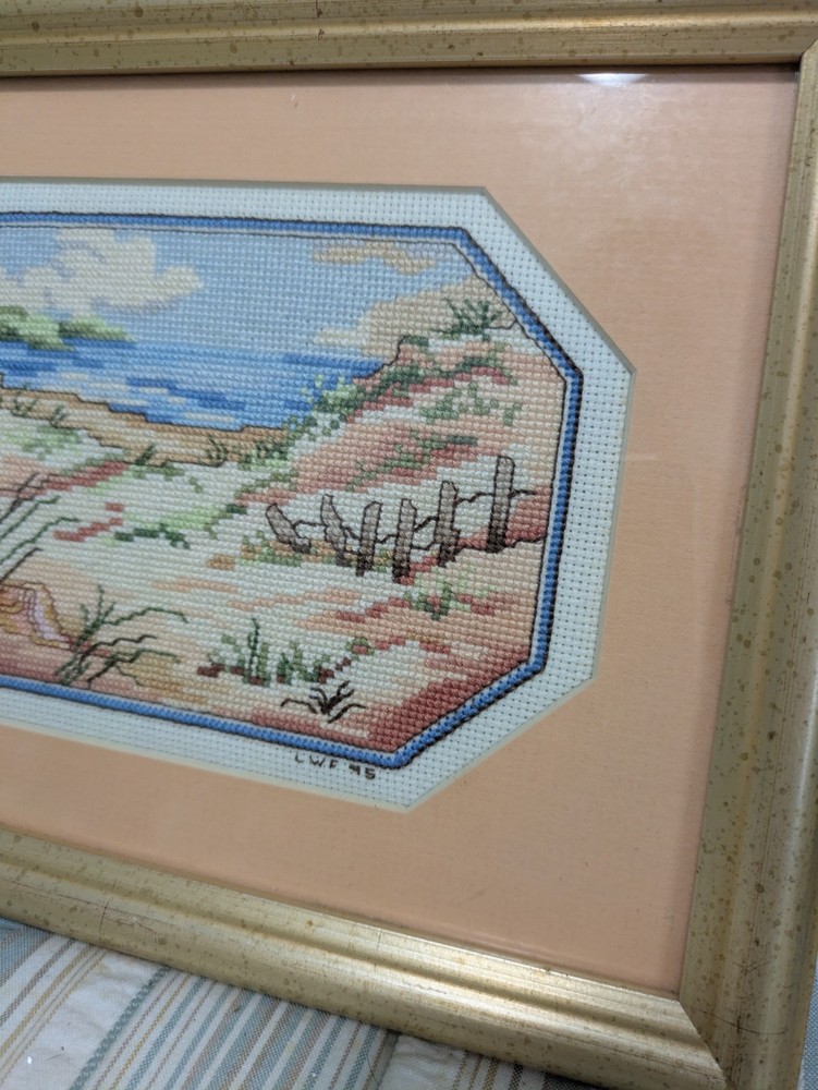 Vintage 7 X 10 Framed Mini Coastal Beach Needlepoint