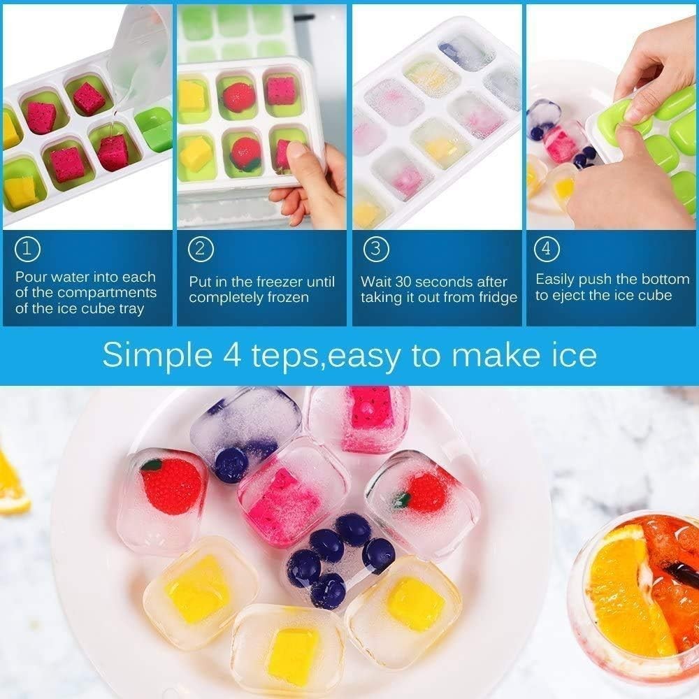 Ice Cube Tray, 4 Pack Silicone Ice Tray, 14 Ice Cube Molds with Lids, Stackable