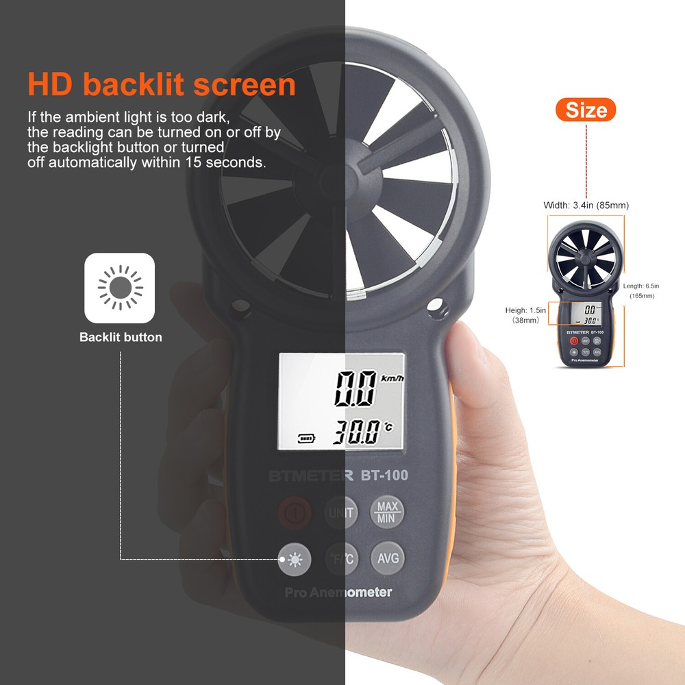 US BTMETER Wind Speed Meter Temperature Altitude Humidity Anemometer Barometer