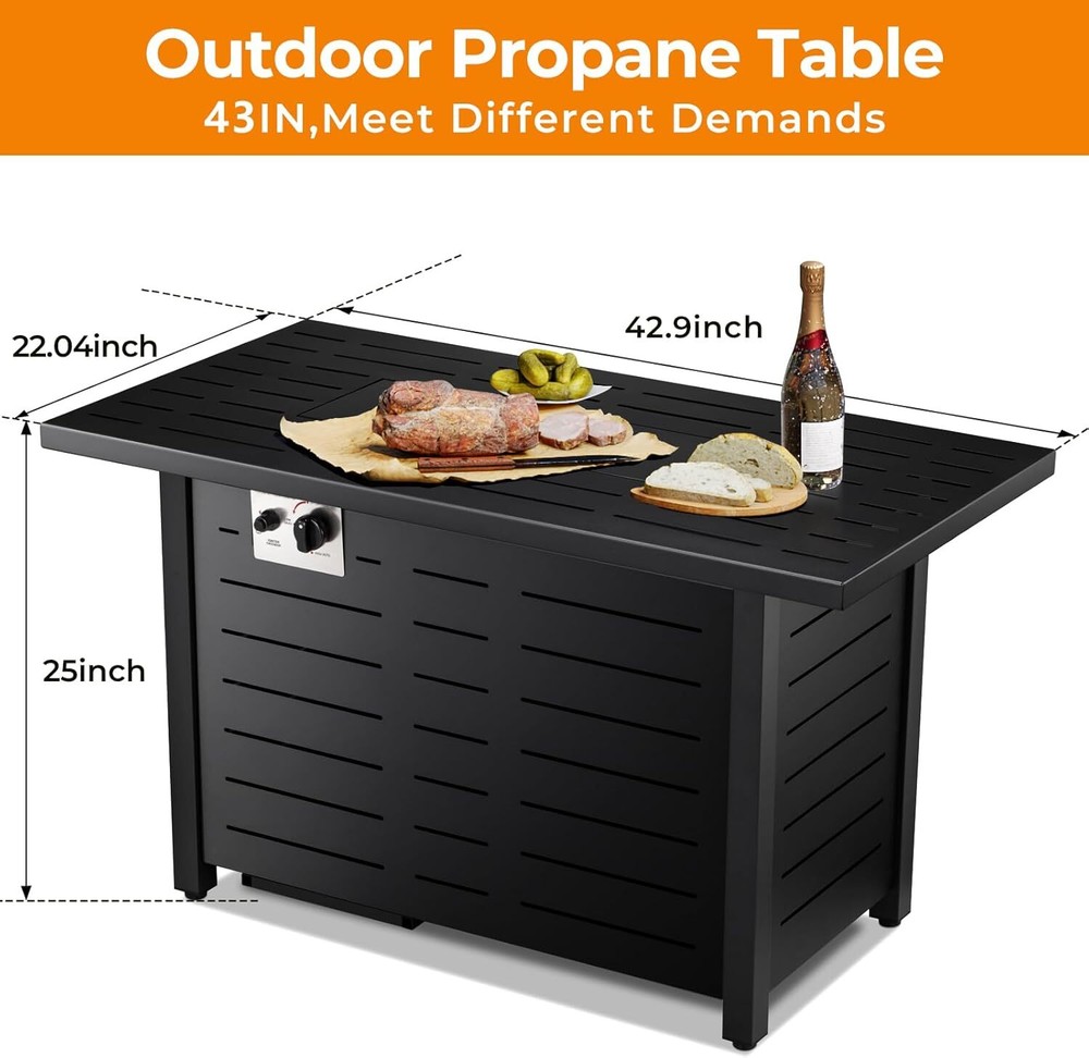 43in Rectangular Metal Propane Fire Pit Table with Glass Stones, 50,000 BTU