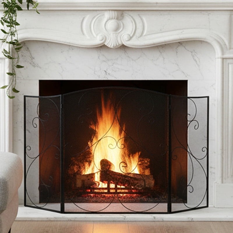 51" Fireplace Screen with Hinged Doors, 3 Panel Spark Guard Cover