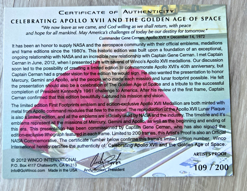 GENE CERNAN APOLLO 17 SIGNED AUTOGRAPHED Framed