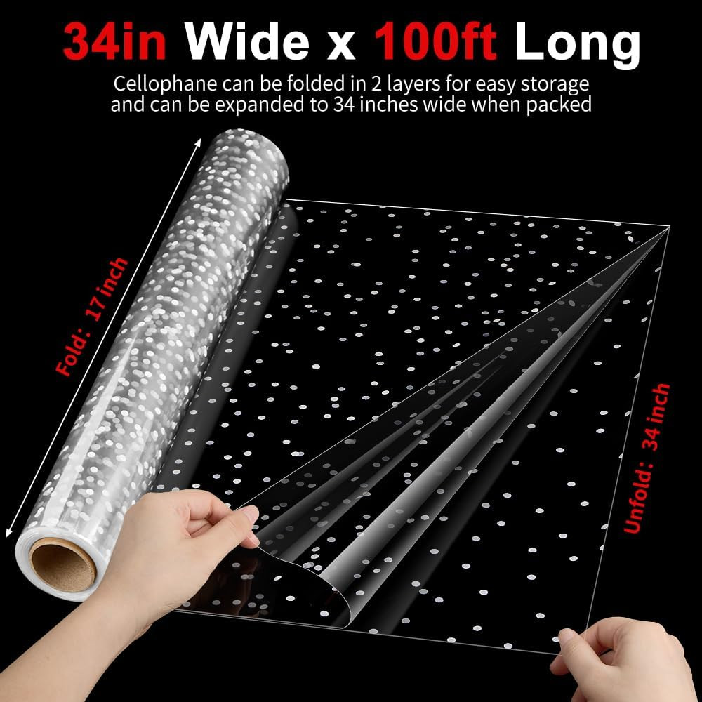 Clear Cellophane Wrap Roll 34 x 100 Ft with White Dots, Waterproof Gift Wrapping