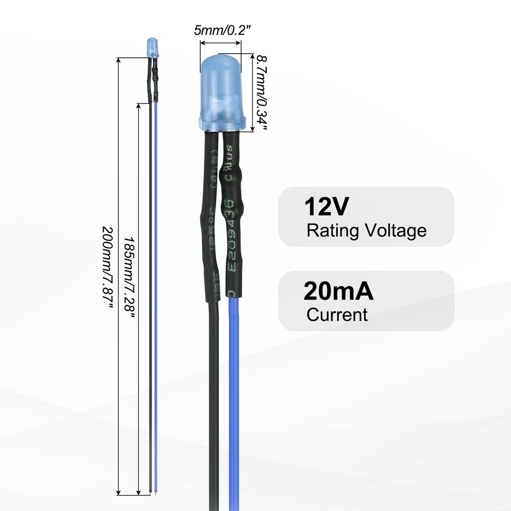 50pcs 5mm LED Diode Lights, Blue Light DC 12V for Electronics