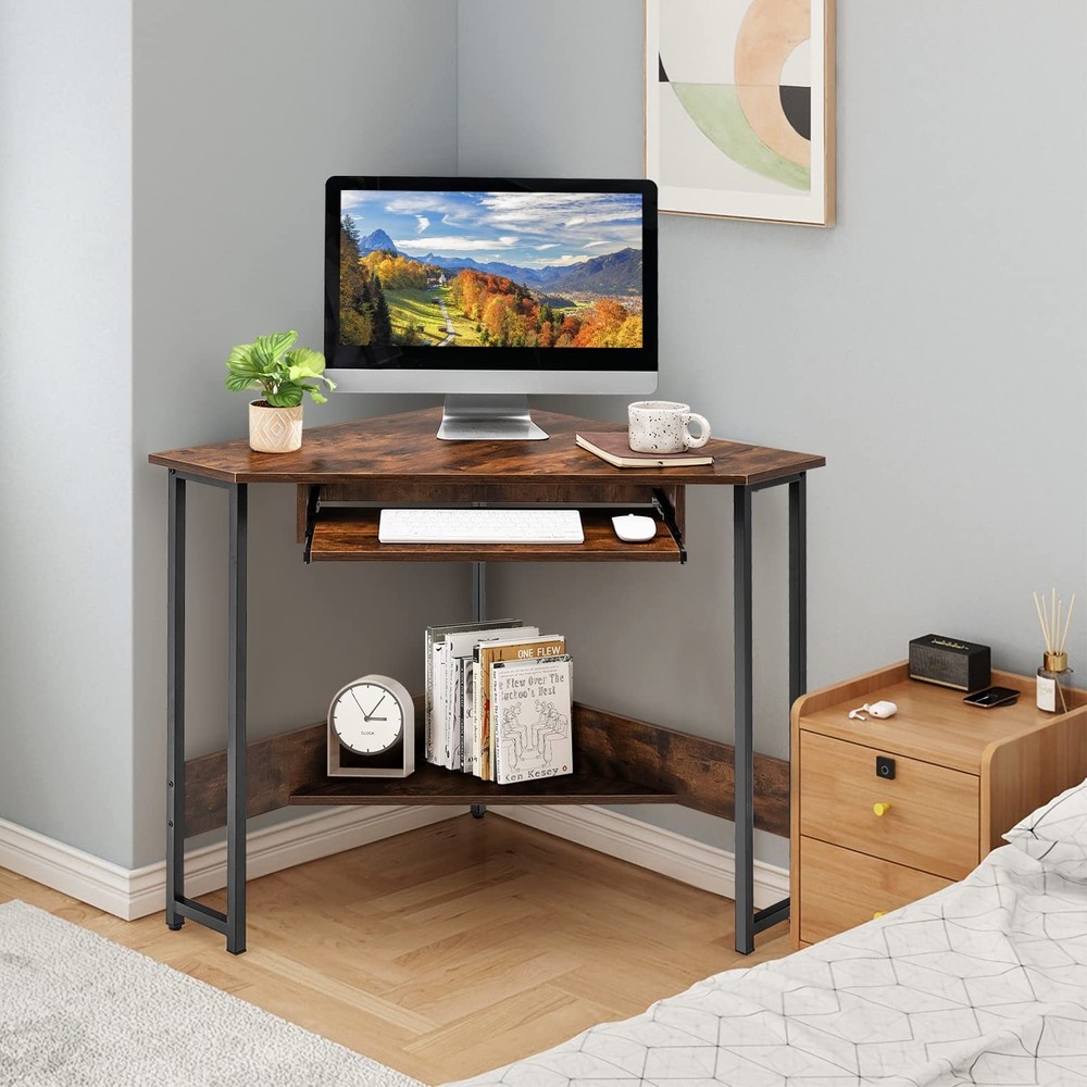 MEDIMALL Triangle Computer Desk, Small Corner Writing Table with Power Outlet...