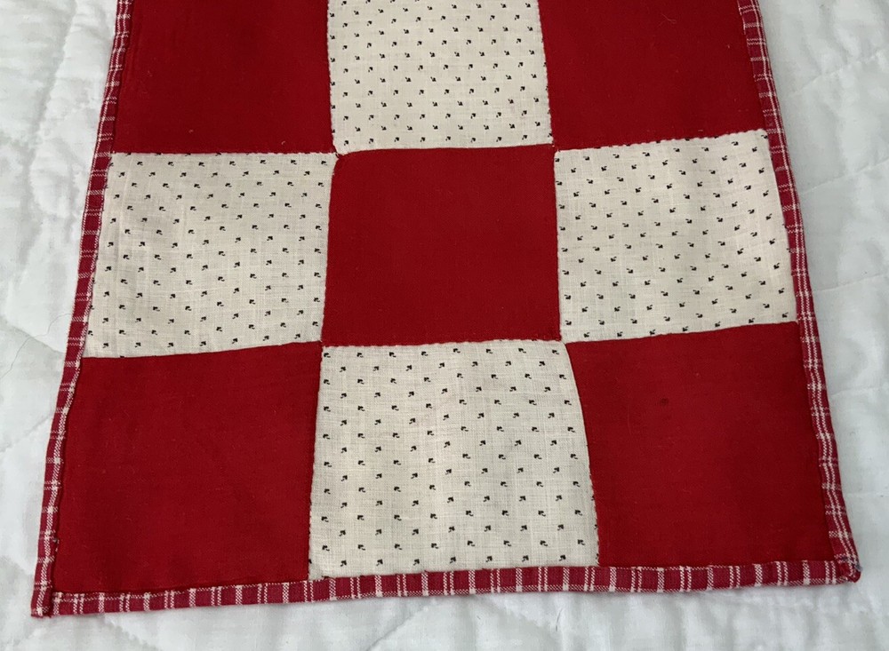 Vintage Antique Patchwork Table Topper, Nine Patch, Early Calicos, Red, White