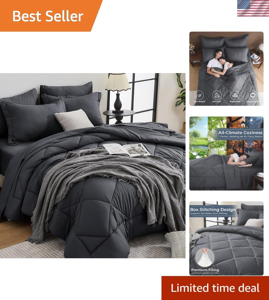 Luxurious 7-Piece Reversible Queen Bedding Set - Grey Comforter Included
