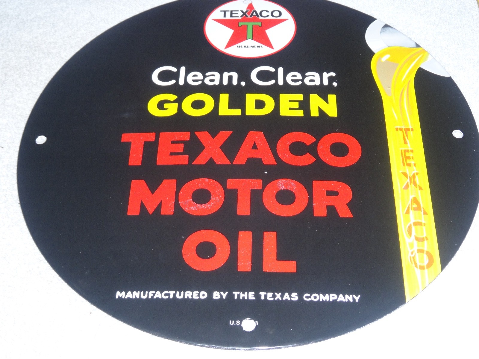 VINTAGE 1948 CLEAN, CLEAR TEXACO MOTOR OIL 11 3/4" PORCELAIN METAL GASOLINE SIGN