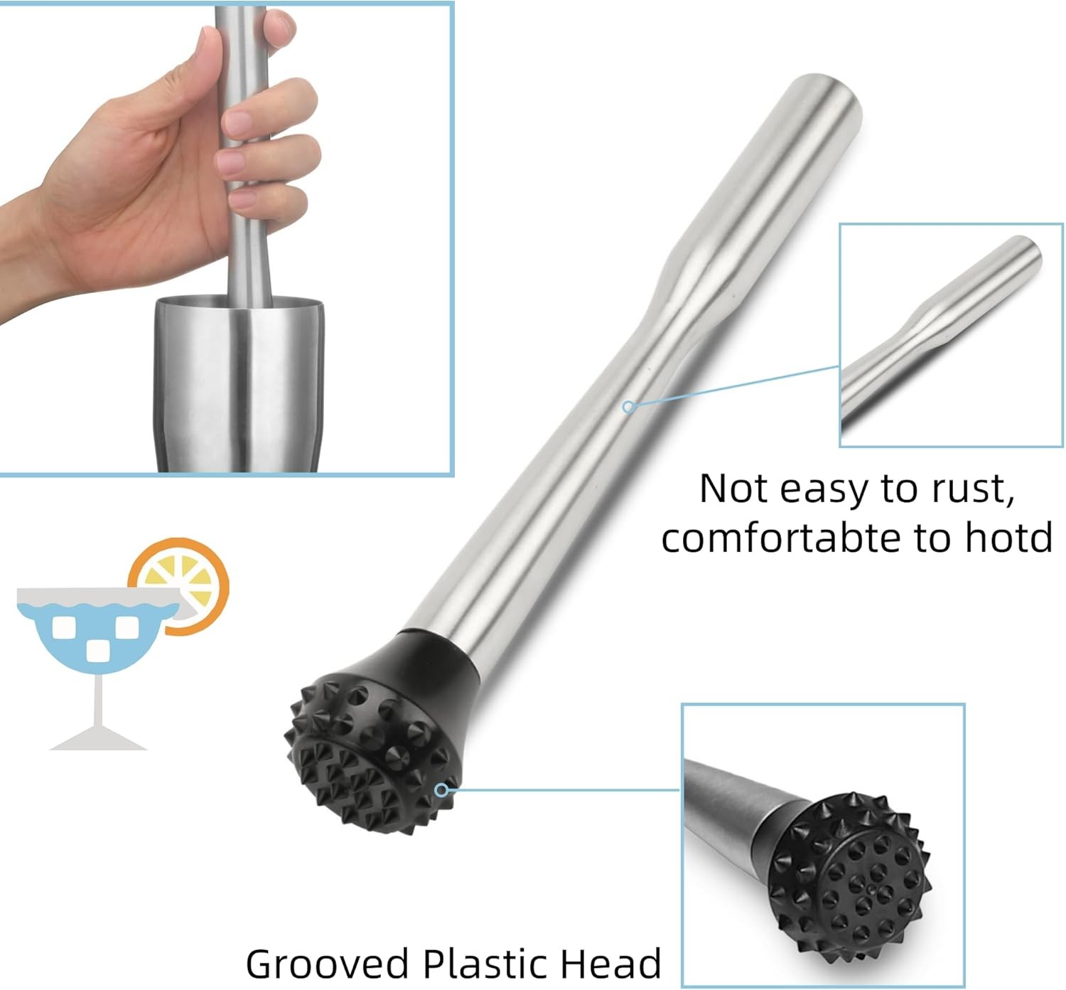 Muddler for Cocktails Stainless Steel, Muddlers Pestle with Stirring Silver