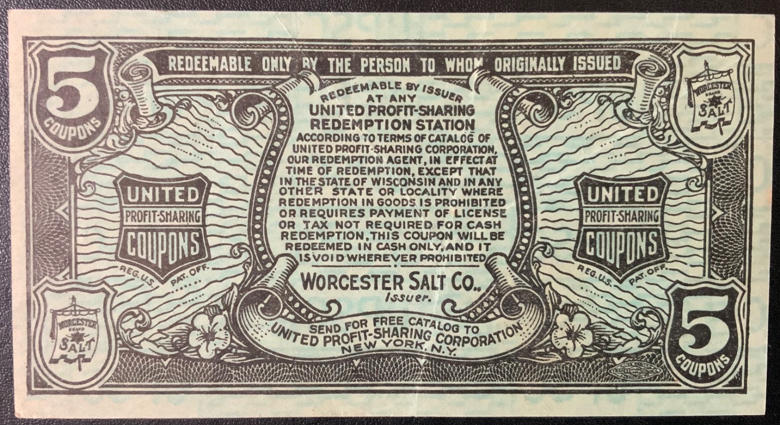 1930’s WORCESTER SALT COMPANY VINTAGE 5 COUPONS!
