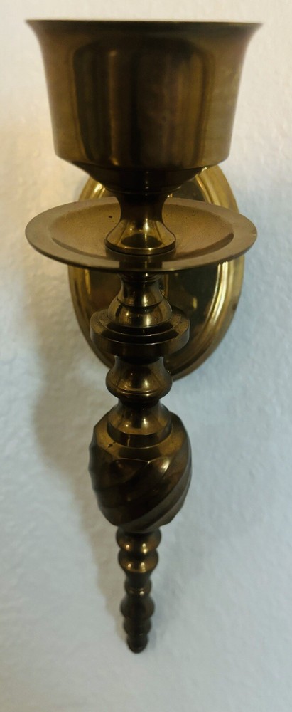 Vtg Solid Brass Wall Sconce Candle Holder Twist Design 10”