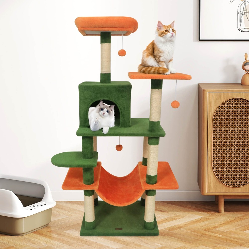 58” Tall Multi-level Cat Tree w/Upholstered Perch & Cat Condo, Comfy Hammock