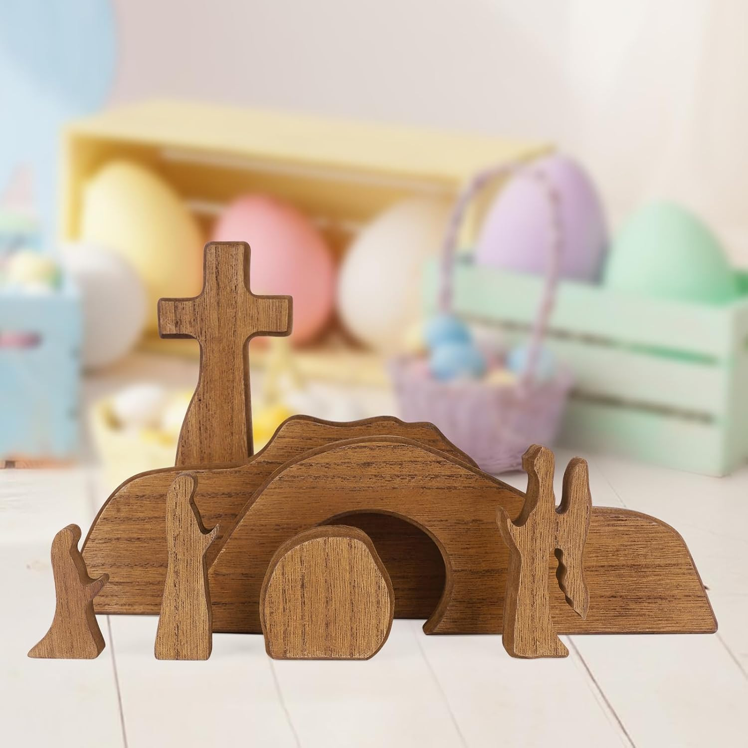 Empty Tomb Easter Scene and Cross Decoration, Wooden Easter Resurrection Scene S