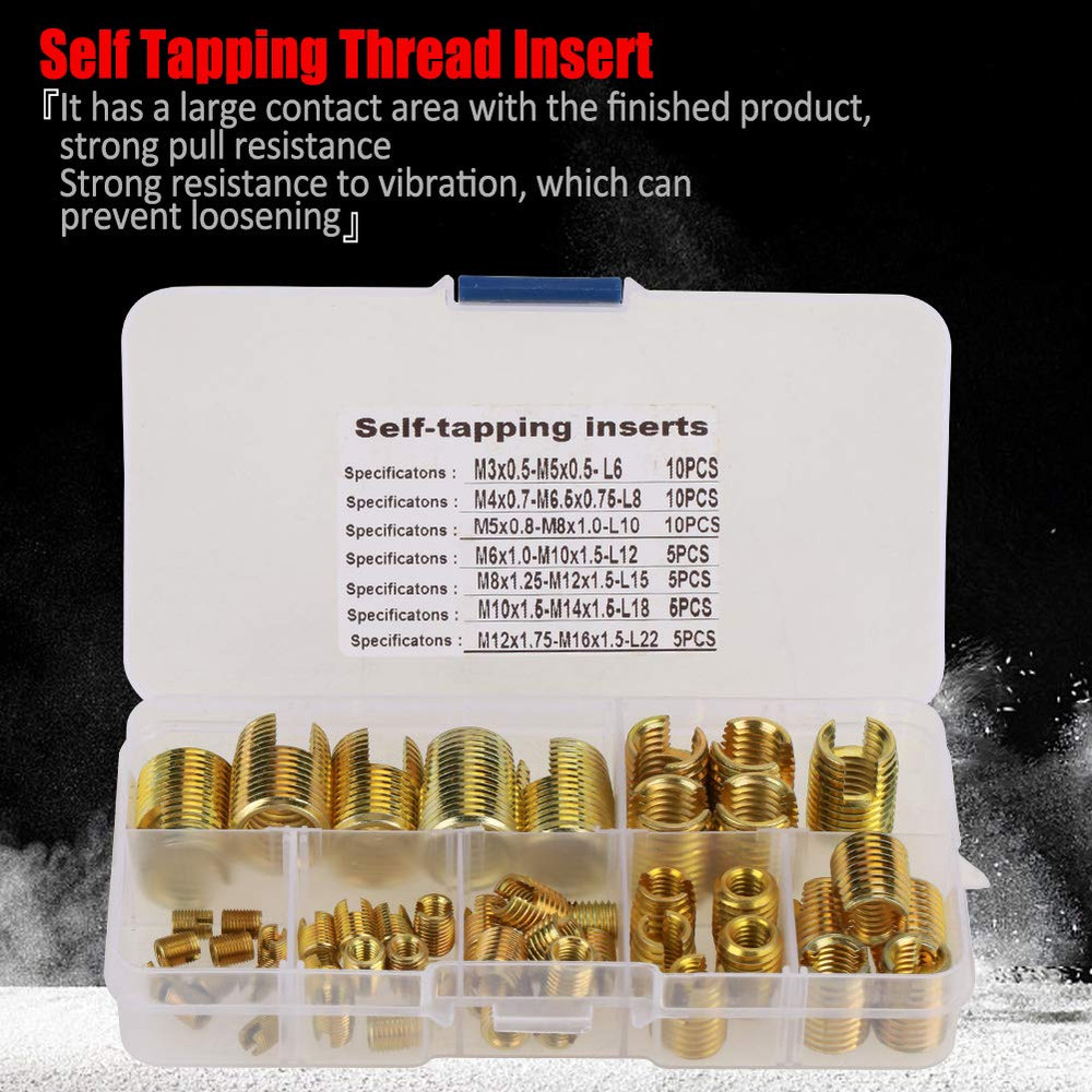 Self Tapping Inserts Threaded Kit, 50Pcs Brass Slotted Thread Inserts Pressed in