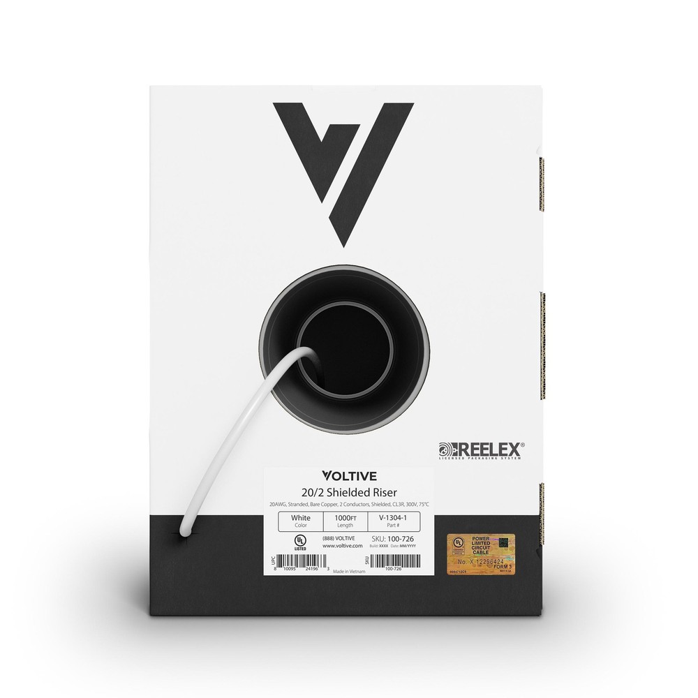 Voltive 20/2 Shielded Low Voltage Wire, Riser CL3R, White, 1000ft