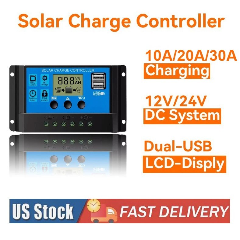 10A/20A/30A Solar Panel Charge Controller 12V/24V LCD Regulator Auto Dual USB