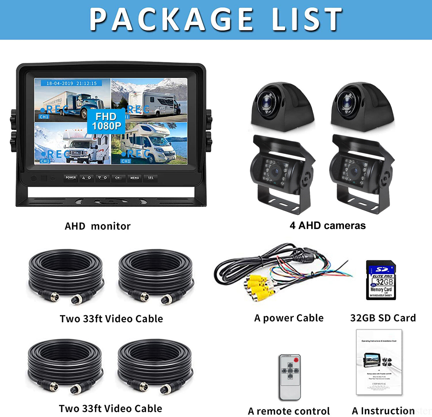 7" Quad Monitor DVR SD Recorder Side Rear View Camera System For Truck Trailer