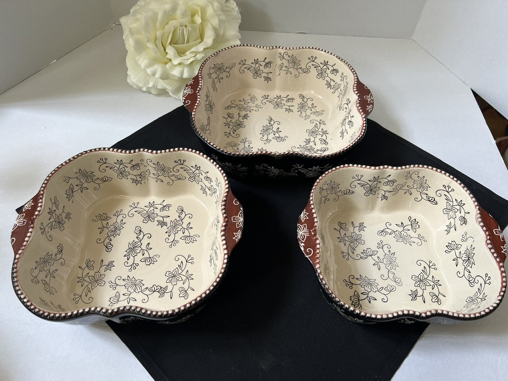 Temptations Ovenware Black Floral Lace Three Nested Bowls