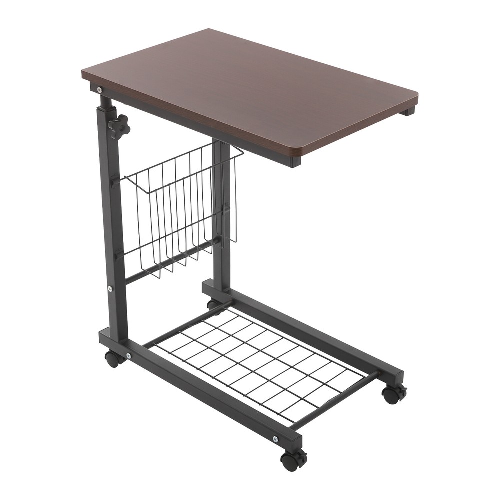 2 Tiers Red Walnut Color Mobile Standalone Adjustable Bed Side Table w/ Wheels