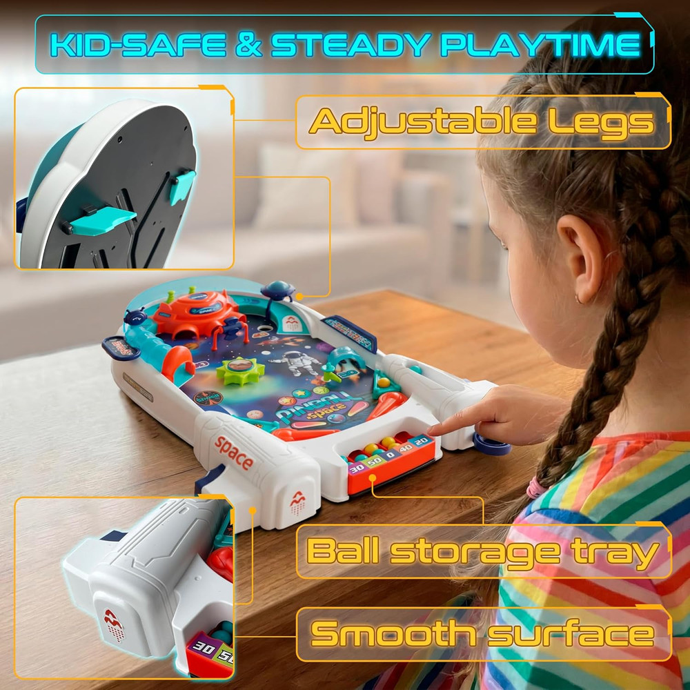 Space Pinball Machine — Tabletop Arcade Game with Obstacles, Pull-Rod Launcher,