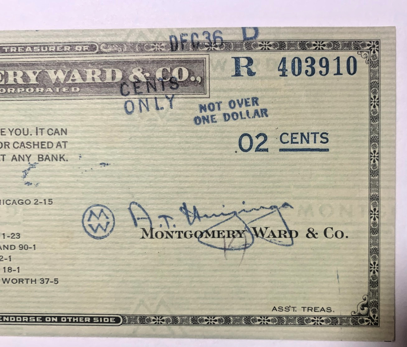 Vintage Dec. 1936 Montgomery Ward Refund Check for 02 Cent