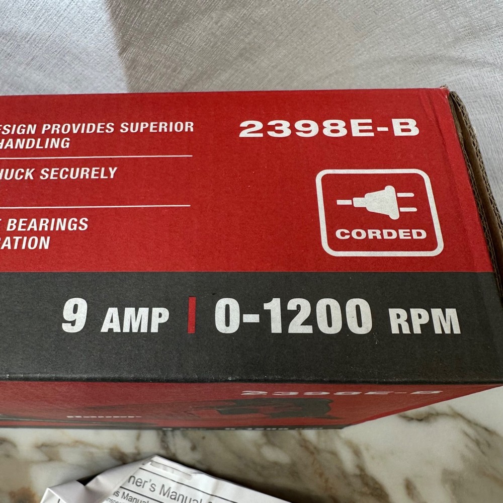 Bauer 9 amp 1/2” Variable Speed D-Handle Drill 2398E-B NIB