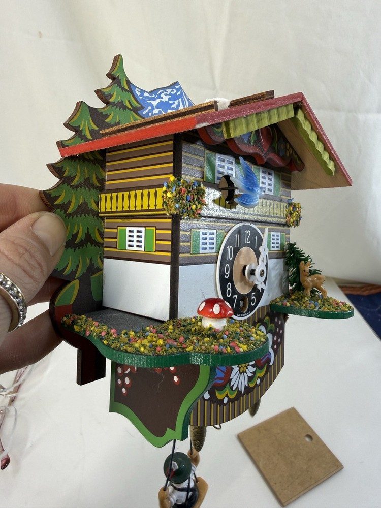 Vintage German Mini Cuckoo Clock w/ Bouncing Boy On Swing