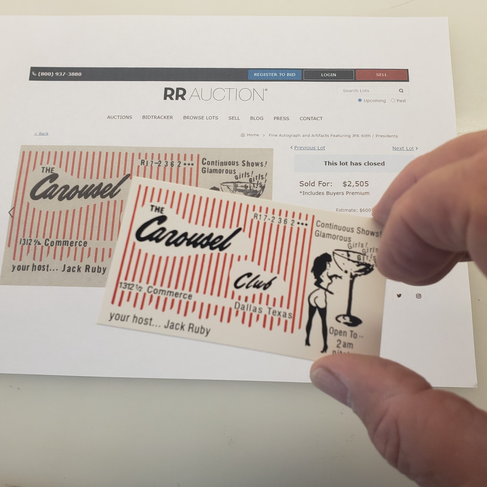 Jack Ruby's business card for Carousel Club - Perfect Replica.  $5 ea.