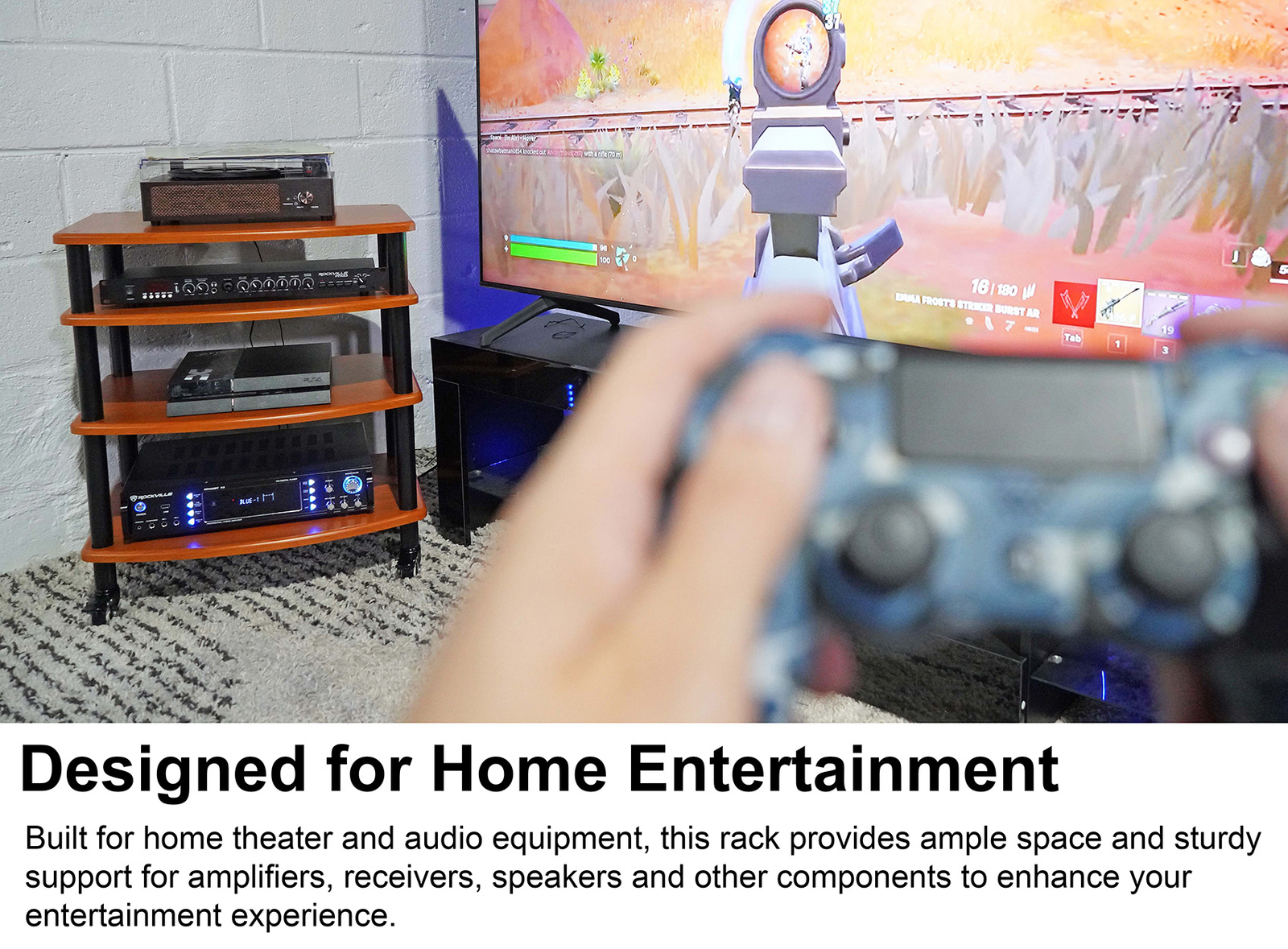 Rockville FLX Classic Wood Adjustable Height 4 Shelf Home Theater A/V Rack Stand