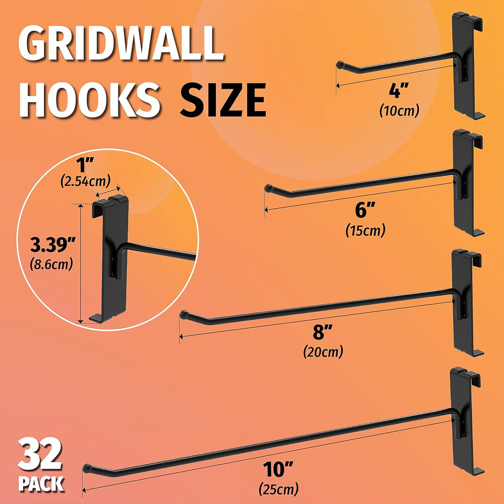 Gridwall Hooks 6 Inch, 32PC Display Hooks for Grid Wall, Hook for Grid Wall Pane