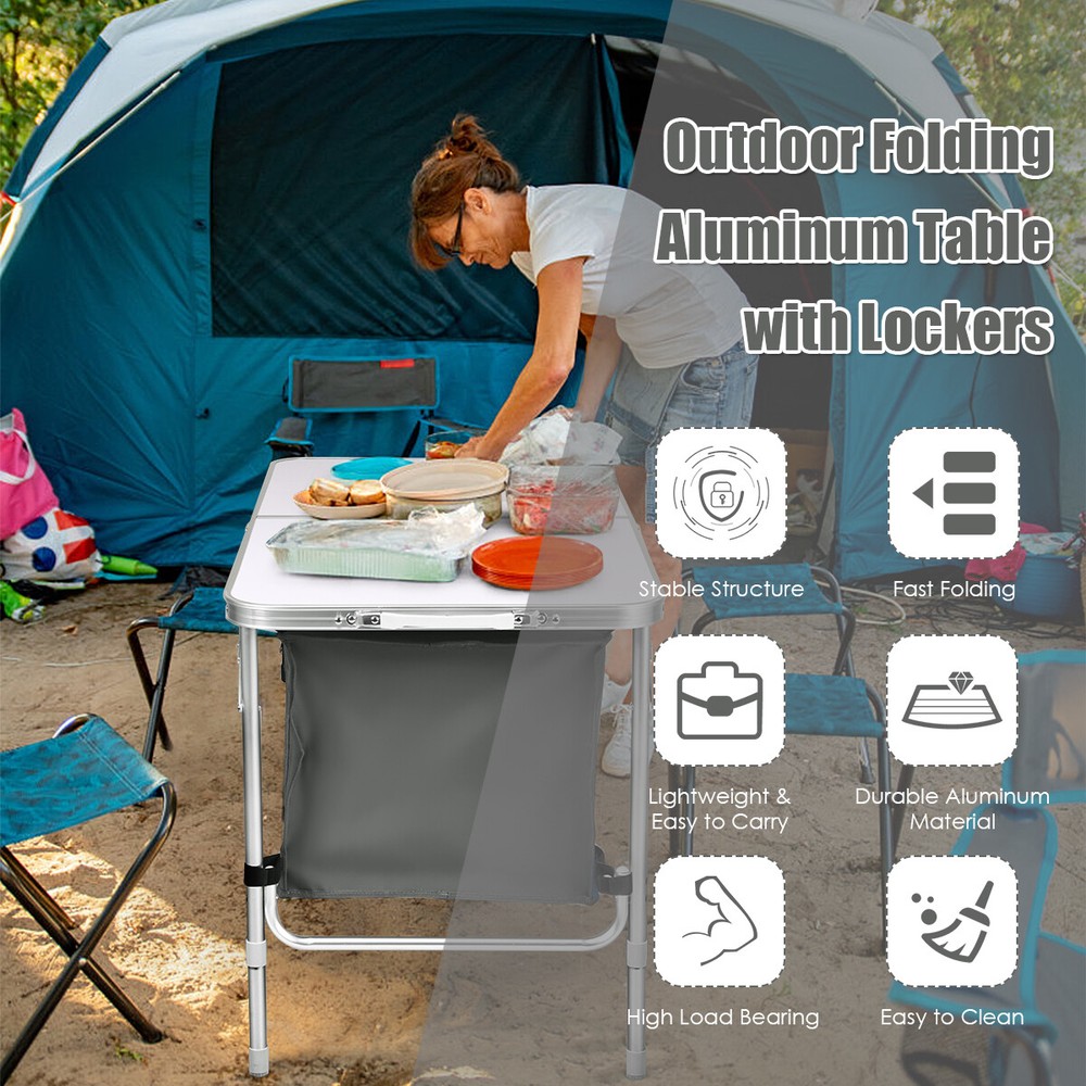 Folding Camping Table Aluminum Height Adjustable w/ Storage Organizer Grey
