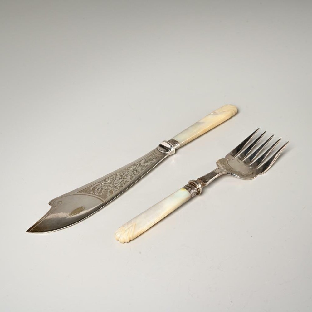 Sheffield Etched Fish Knife Fork Serving Set Mother Of Pearl Handles Antique