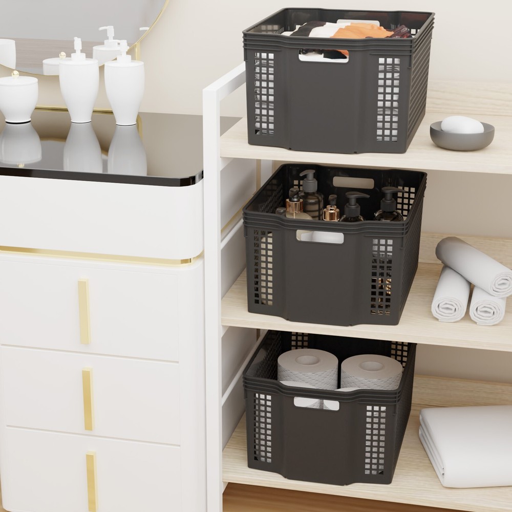 6 Pack Large Stackable Basket, Plastic Woven Basket Organizer, Black