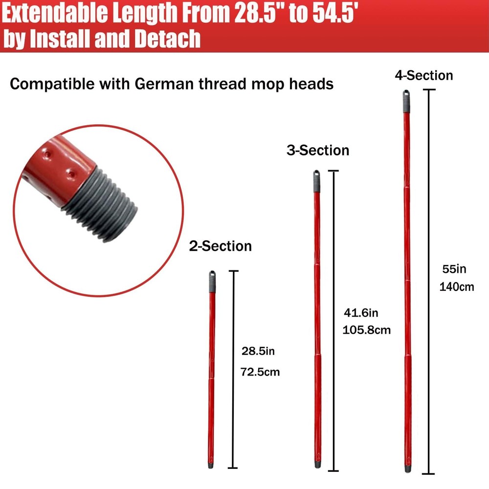 Mop Handle for Ocedar, Spin O Cedar 4-Section Handle, Red