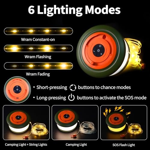 Camping String Lights, Rechargeable Tent Lights String with 6 Lighting Modes,
