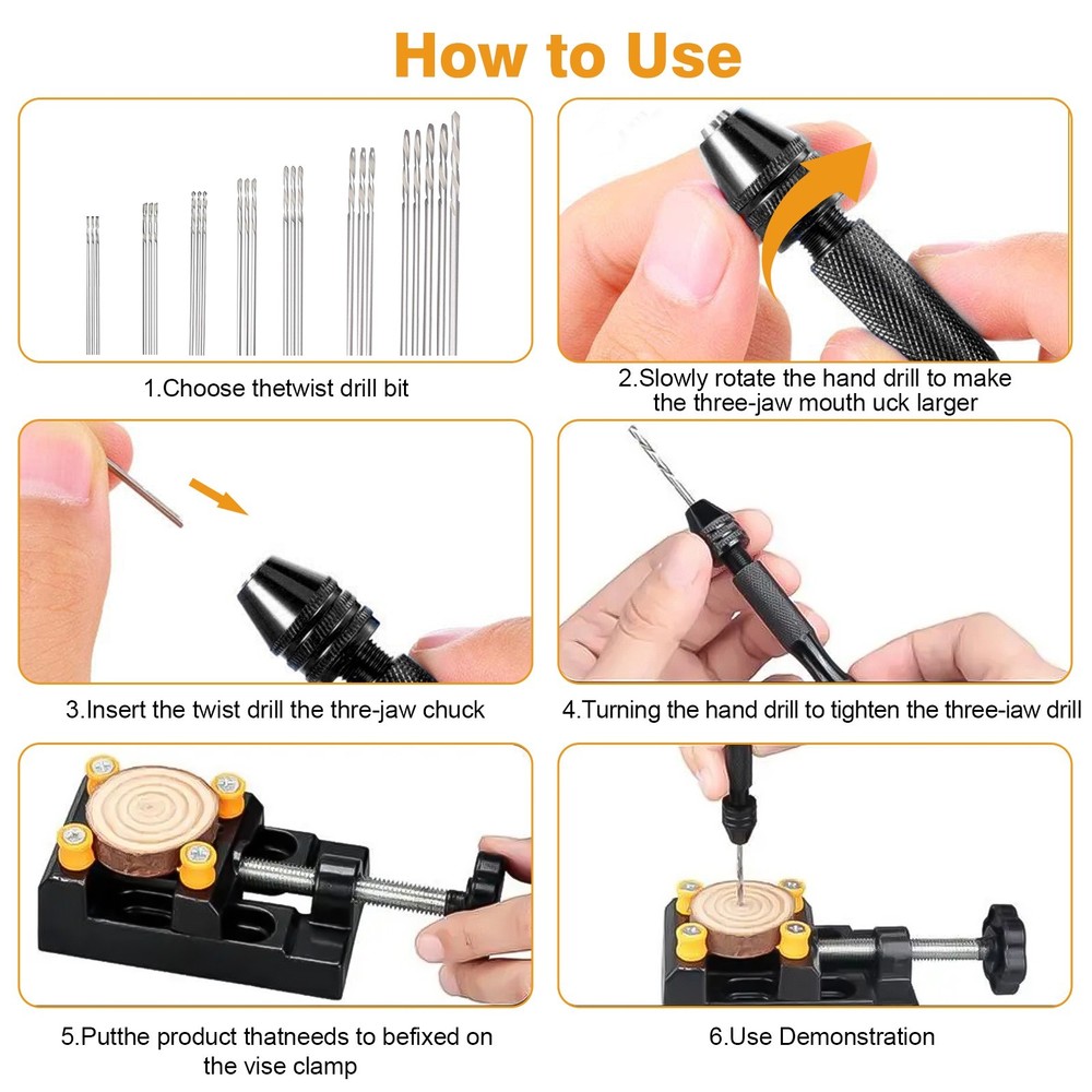 Mini Micro Hand Drill Bits 60Pcs Set Small Manual Keyless Chuck Pin Vise Rotary