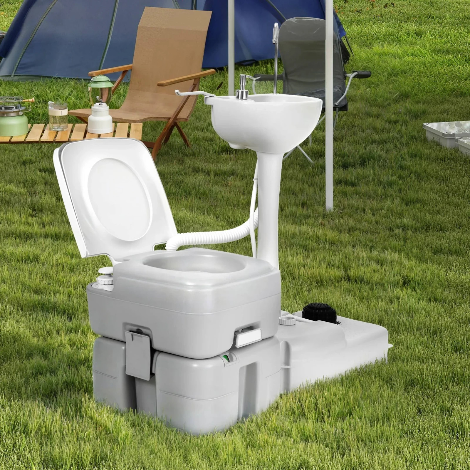 5.3GAL Portable RV Toilet + 17L Camping Sink Hand Wash Basin Station for Outdoor