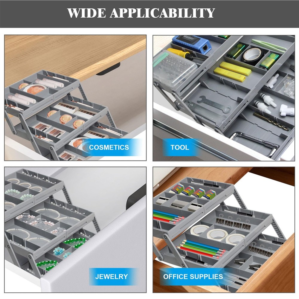 Multi Level Drawer Organizer, Expandable Folding Smart Drawer Organizer Makeu...