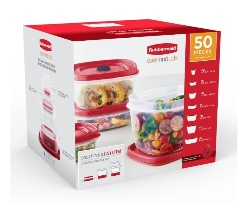 Rubbermaid 50-Piece EasyFind Lids Vented Food Storage Set BPA-Free Microwave ...