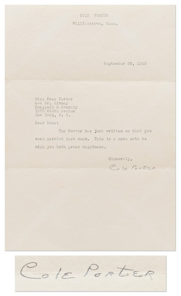 Typed Letter Signed by Cole Porter from 20 September 1949