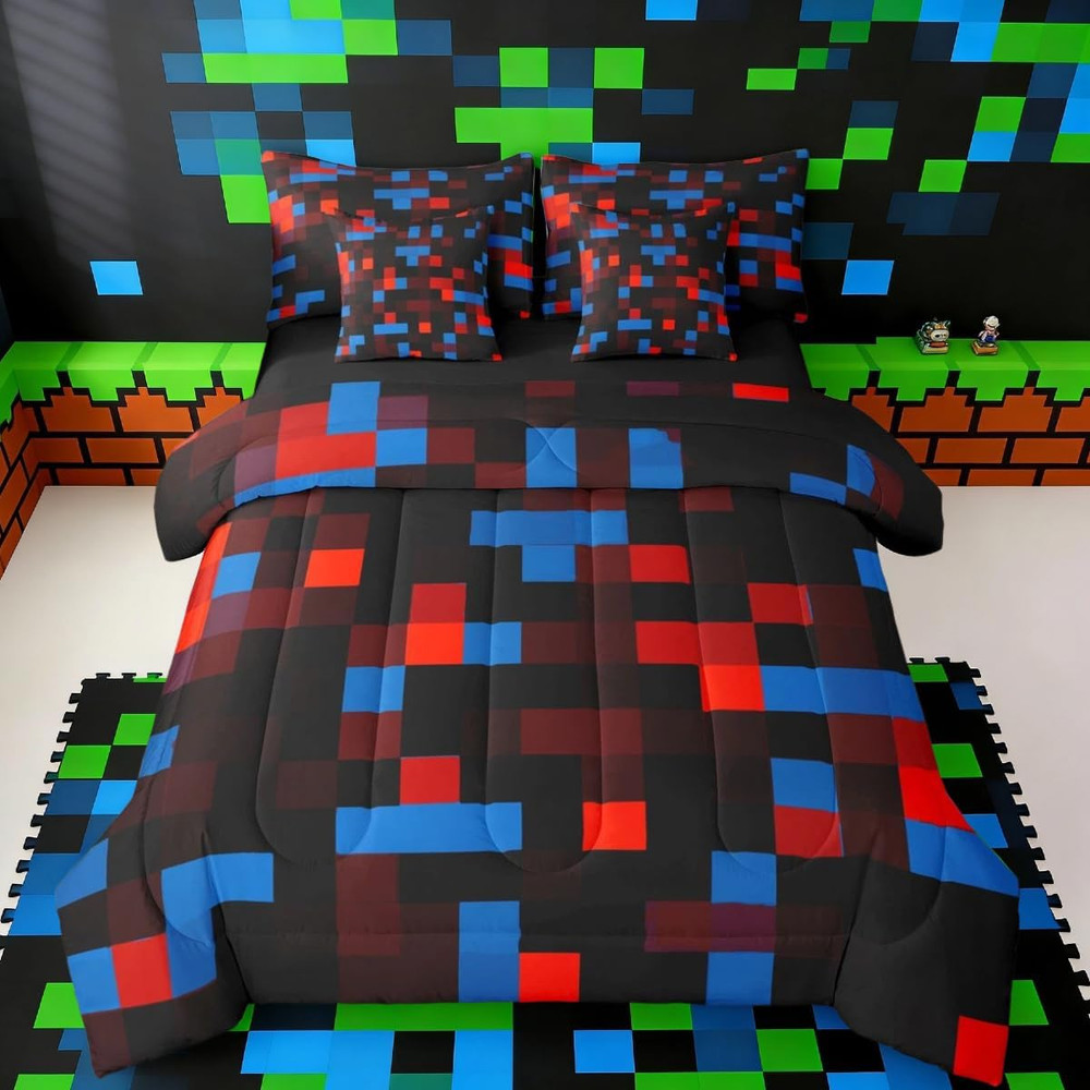 Pixelated Red Blue Black Queen Size Comforter Set with Sheets，Pillowcases & Cush