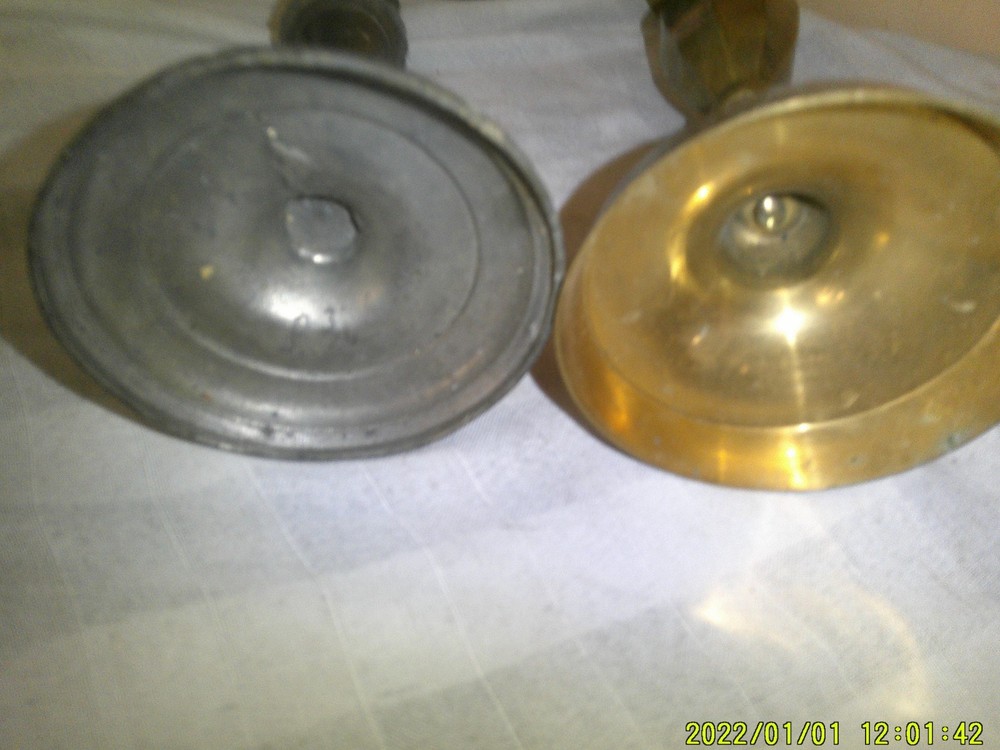 2 DIFFERENT STEM CANDLE HOLDER BRASS MAYBE PEWTER