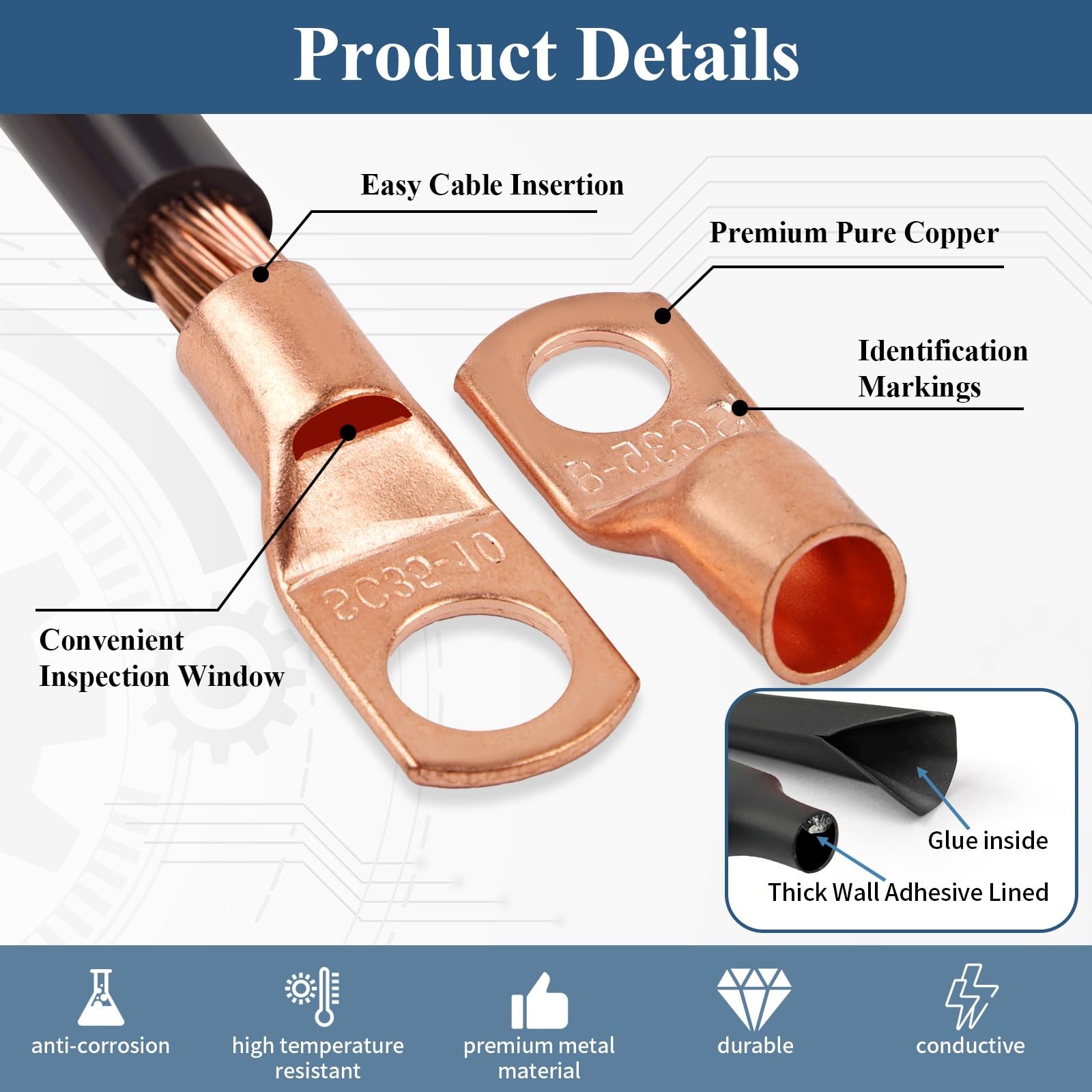 Copper Wire Lugs 130Pcs, AWG 2 4 6 8 10 12 Gauge Battery Cable Ends with 66Pc...