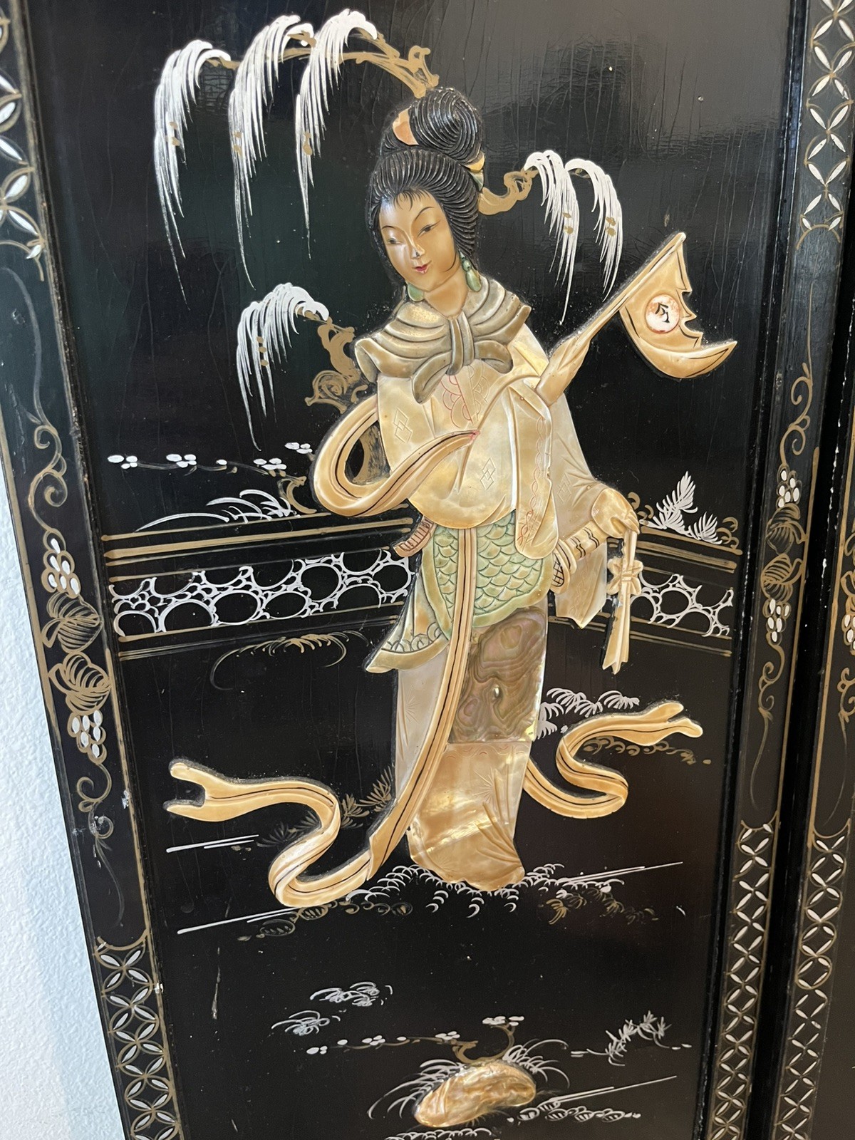 VTG 5 Asian Oriental BLACK Lacquer Mother of Pearl Wall Panels 36H x 11,5W, 30”