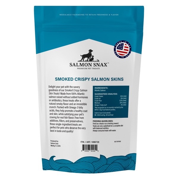 SALMON SNAX SMOKED CRISPY SALMON SKINS PET TREATS EXP: 2027 MADE IN USA 12 OZ.