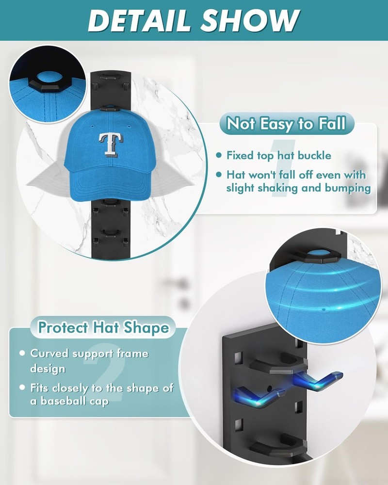 Hat Organizer for Baseball Caps (2-Pack), Strong Adhesive Hat Rack for Wall, ...