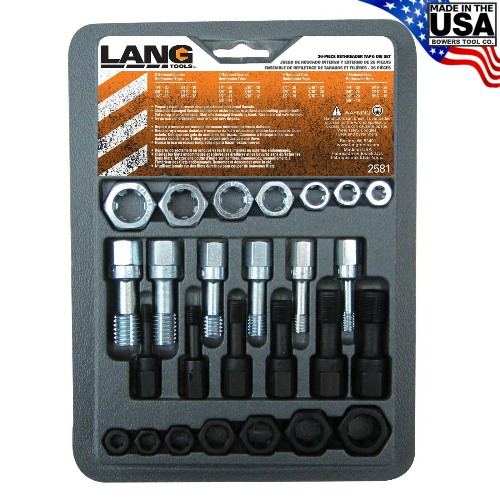 Lang Rethreading Tap & Die Set NF-SAE NC-USS Thread Restore 26pc Made in USA