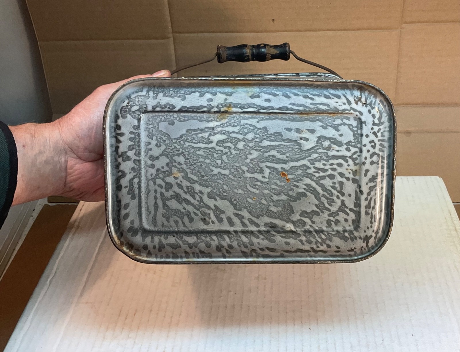 #278 MARKED CREAM CITY GREY GRANITEWARE MINERS RAILROAD LUNCH PAIL 5 PCS 8" TALL