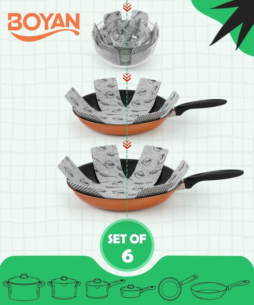 Stackable Felt Pan Protectors - 6 Pack with Trim-to-Fit Design, Home & RV Use