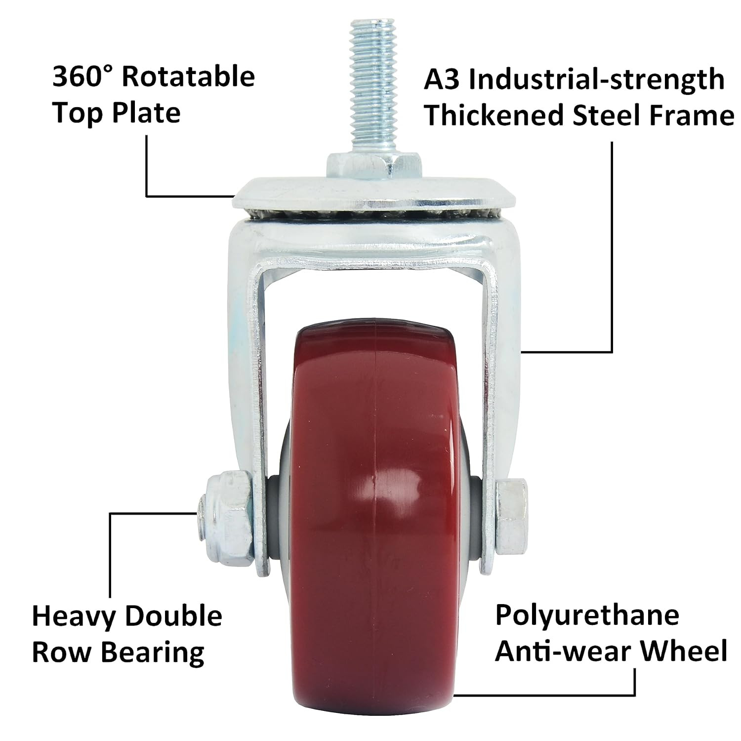 Swivel Caster Wheels 3 Inch Threaded Stem Set of 4 Heavy Duty Polyurethane Red